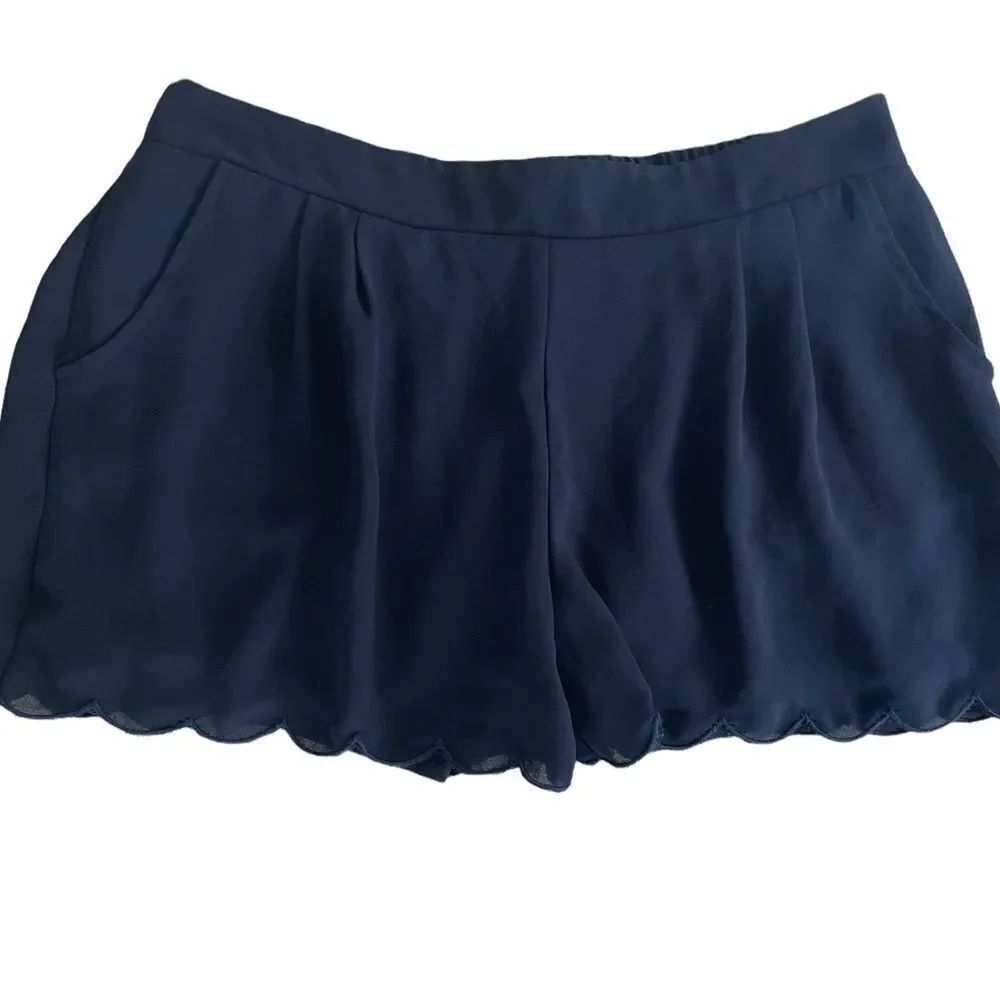 𝅺MINE lined scalloped hem shorts with chiffon overlay and soft pleated front, M